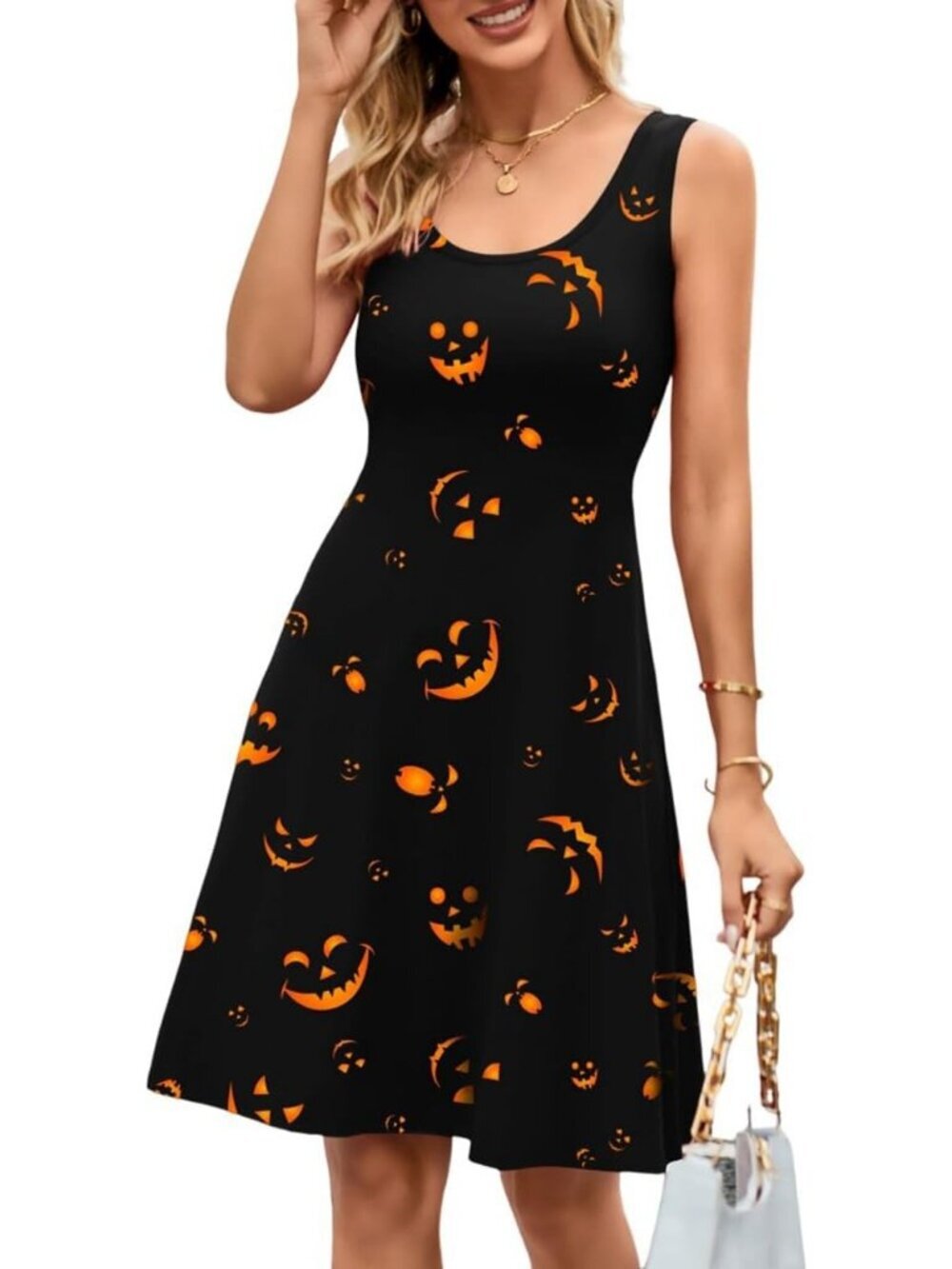 Women's Hallowen Stylish A line Sleeveless Wide Strap High Waist Tank Midi Dress